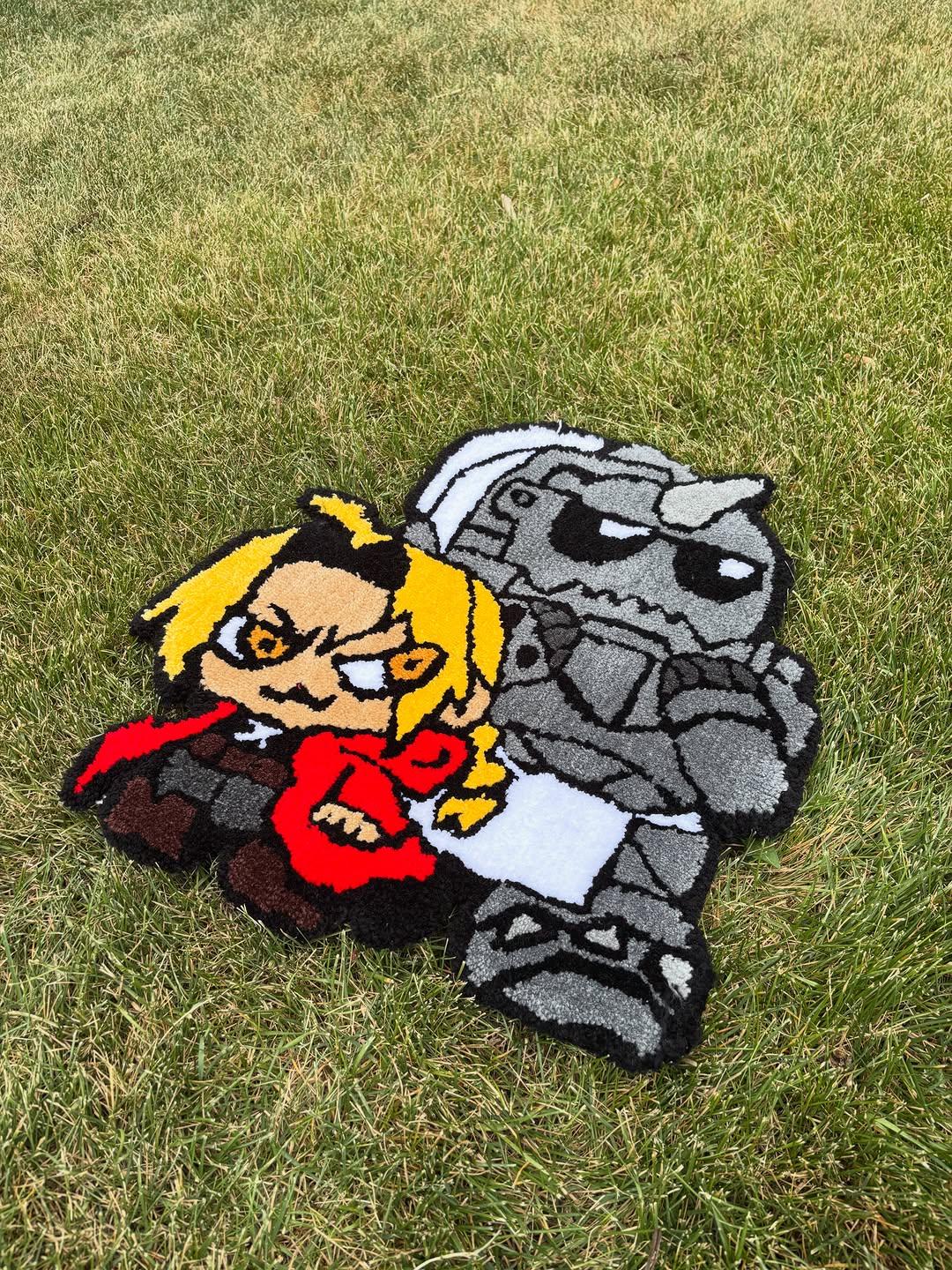 Hand-tufted rug of two anime characters, one blond in red, one in grey armour