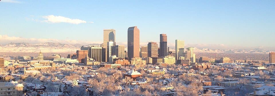The Denver skyline in winter